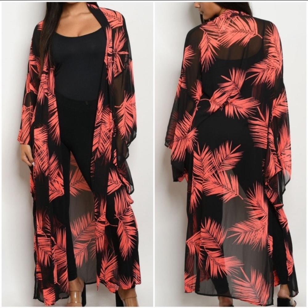 🆕LAST ONE! Neon Coral & Black Luxe Kimono Duster - Picture 4 of 4
